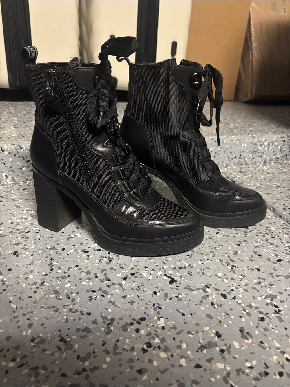 DKNY Black Lace-Up Chunky Heel Ankle Boots